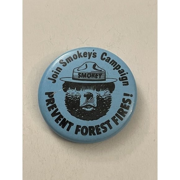 Blue Smokey Bear Button Pin Join Smokey's Campaign Prevent Forest Fires AV1H - Picture 1 of 2